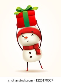 Cheerful snowman with gift present. Isolated.
