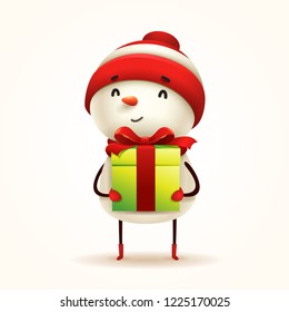 Cheerful snowman with gift present. Isolated.