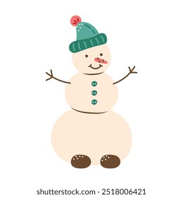 Cheerful snowman in a green hat. Isolated element for design of cards, patterns, banners. Christmas and New Year character. Vector illustration.