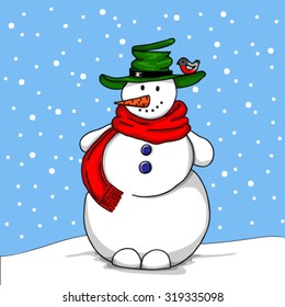 Cheerful snowman in green hat standing in the snow, bullfinch, snow, winter.