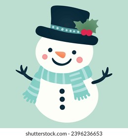 cheerful snowman in a green scarf and hat on mint background, single element