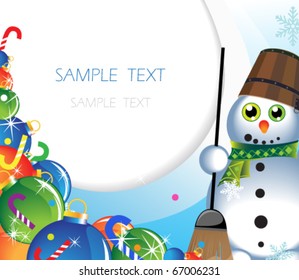 Cheerful snowman in a green scarf and a heap of Christmas-tree decorations