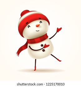Cheerful snowman greets. Isolated.