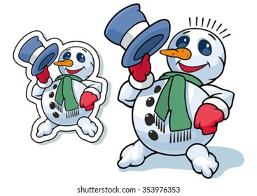 Cheerful snowman greets picking up his hat