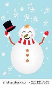 The cheerful snowman has taken off his hat and is waving it. vector graphics