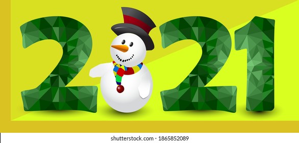 Cheerful snowman in hat with numbers 2021, happy new year	