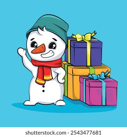 El alegre muñeco de nieve con sombrero y bufanda