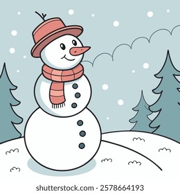 Cheerful snowman in a hat and scarf against the background of a winter forest