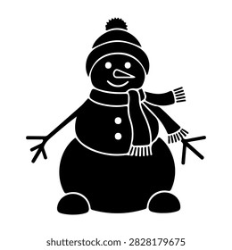 A cheerful snowman with a hat and scarf, smiling and ready for winter festivities, depicted in a simple black and white style.