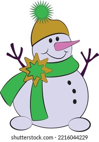 A cheerful snowman with hat and scarf. Vector file for designs.
