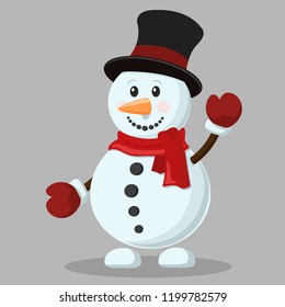 Cheerful snowman in a hat and scarf waving.