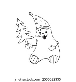A cheerful snowman in a hat and with a smile on his face holds a Christmas tree in his hands. New Year s greeting card. Coloring for children.