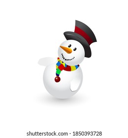 Cheerful snowman in hat and striped scarf on white background