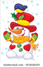 Cheerful snowman in a hat with a titmouse on his head. Cartoon Vector Illustration. 