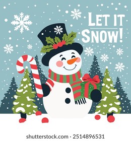 Cheerful snowman holding candy cane and presents in a snowy winter scene with the text Let It Snow. Perfect for Christmas and holiday card designs.