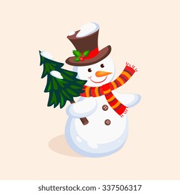 Cheerful Snowman holding a Christmas Tree. Holiday Vector Illustration