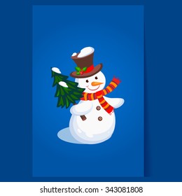 Cheerful Snowman holding a Christmas Tree. Holiday Vector Illustration