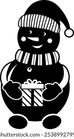Fröhlicher Schneemann, der ein Geschenk hält. Vektorgrafik