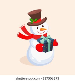 Cheerful Snowman holding a Present. Holiday Vector Illustration