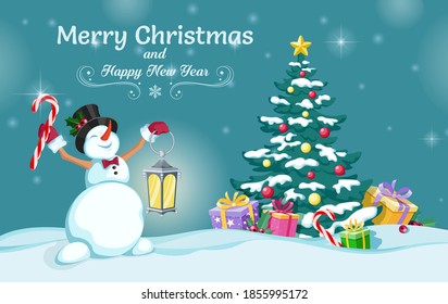 Cheerful snowman holds candy cane and lamp in his hands. Christmas tree with gifts. Merry Christmas and Happy New Year. Greeting card, holiday poster and banner. Vector illustration