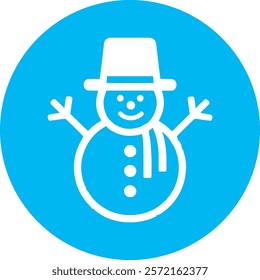 A cheerful snowman icon set against a bright blue background, featuring a carrot nose, coal eyes, a cozy scarf, and a top hat. This festive design captures the magic of winter and holiday fun!