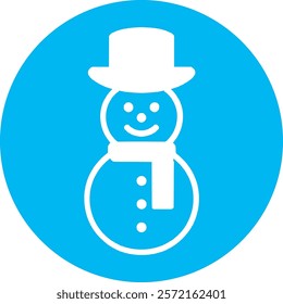 A cheerful snowman icon set against a bright blue background, featuring a carrot nose, coal eyes, a cozy scarf, and a top hat. This festive design captures the magic of winter and holiday fun!