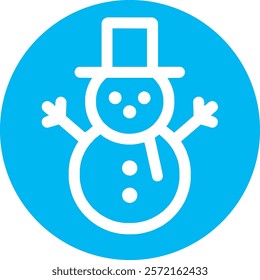 A cheerful snowman icon set against a bright blue background, featuring a carrot nose, coal eyes, a cozy scarf, and a top hat. This festive design captures the magic of winter and holiday fun!