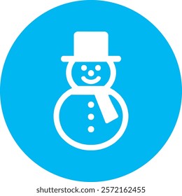 A cheerful snowman icon set against a bright blue background, featuring a carrot nose, coal eyes, a cozy scarf, and a top hat. This festive design captures the magic of winter and holiday fun!