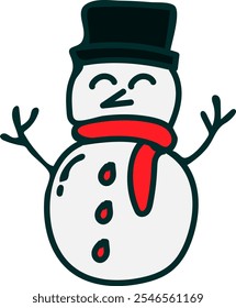 A cheerful snowman illustration wearing a black top hat and a red scarf. The snowman has stick arms, three red buttons, and a simple face, perfect for winter and holiday themes.