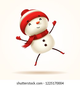 Cheerful snowman jumps. Isolated.