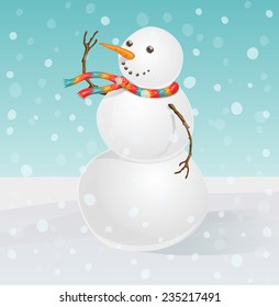 A cheerful snowman with nose-carrot and eyes-coal