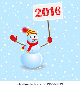 Cheerful snowman with the numbers 2016 on the blue background, vector illustration