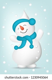 Cheerful snowman on a blue background in the snow