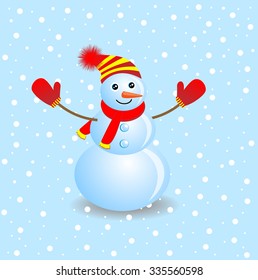Cheerful snowman on a blue background, vector illustration