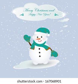 Cheerful snowman on a cloud.