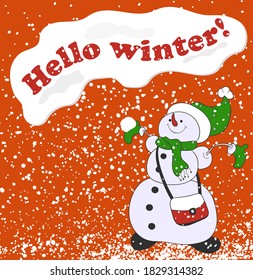 Alegre muñeco de nieve en un fondo rojo con copos de nieve y la inscripción Feliz Navidad.
