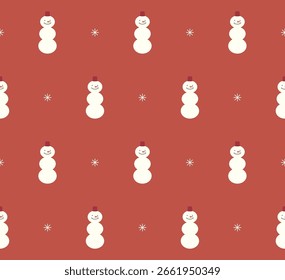 Fröhlicher Schneemann auf rotem Hintergrund. Nahtloses Muster-Design. Vektorgrafik.