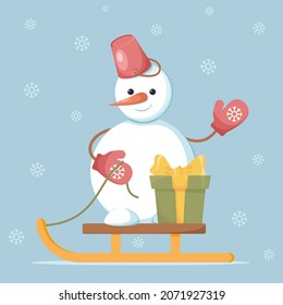 Cheerful snowman on winter sleigh with gift box. Greeting card for Christmas, New Year. Winter design. Cute cartoon character. Vector illustration