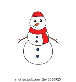 a cheerful snowman with orange carrot nose and red
