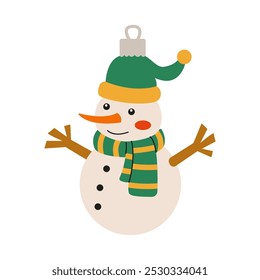 Cheerful snowman ornament with green hat and striped scarf perfect for holiday decorations