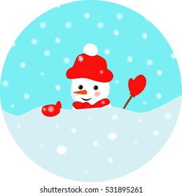 Cheerful snowman peeking out of a snowdrift