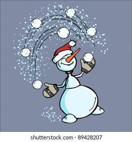 Cheerful snowman playing snowballs