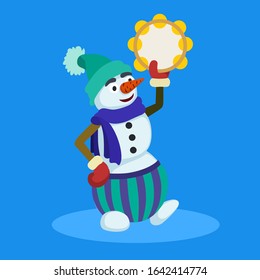 A cheerful snowman plays the tambourine.