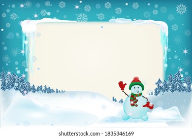 A cheerful snowman points to a large banner in the winter Christmas landscape. New year's holiday clipart. Christmas greeting card template. Vector illustration. Copy space.