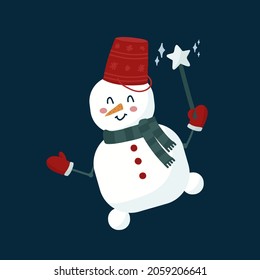 A cheerful snowman with a red bucket on his head. A man from the snow is having fun with a magic wand in his hand. A postcard or poster for the New Year or Christmas. Vector illustration