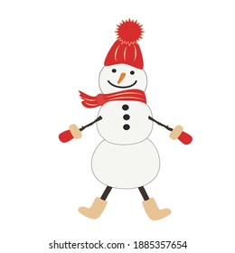 Cheerful snowman in a red cap with a ponpon, scarf, mittens, felt boots. Hand-drawn vector, flat style. Funny winter character, snow sculpture. Design element for childrens illustrations, prints.