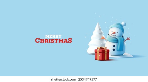 Cheerful snowman, red gift, white Christmas tree, 3D. Banner for Merry Christmas celebration concepts. The best gift for the winter holidays. Vector