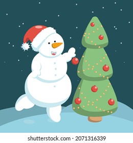 Un muñeco de nieve alegre con un sombrero rojo decora un árbol de Navidad.