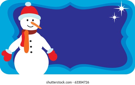 Cheerful snowman in red hat on blue night  background- greeting card template.