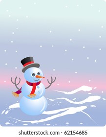 Cheerful snowman in red muffler and bowler hat on white background
